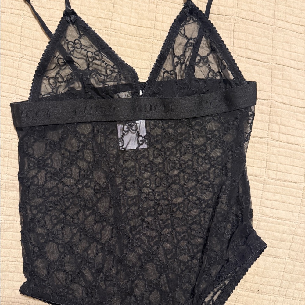 Gucci Black Sheer Lace Chemise with Branded Waistband